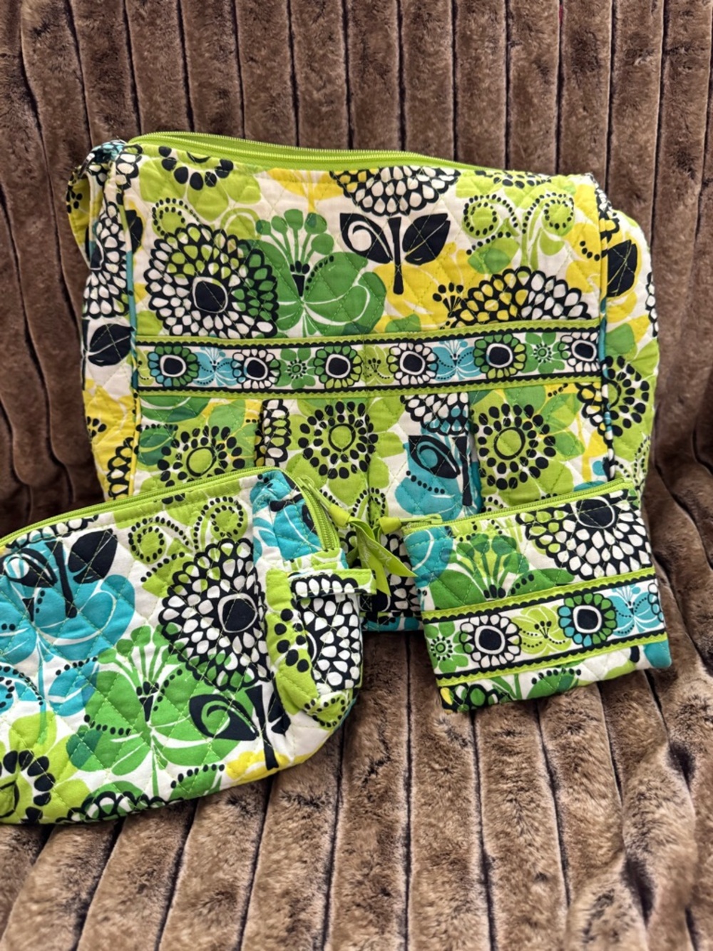 3 pc Vera Bradley Lime Green & Teal Quilted Cosmetic Pouch
